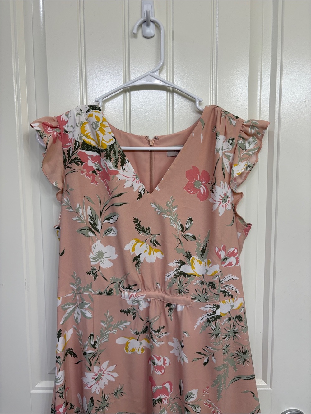 LOFT Peach Floral V-Neck Ruffle Sleeve Dress - Picture 2 of 9
